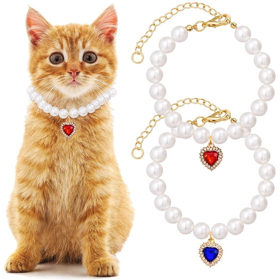2Pcs Pearl Pet Collar with Heart Rhinestone for Puppy Kitten Jewelry Accessory for Wedding Birthday Parties, Pink Size S