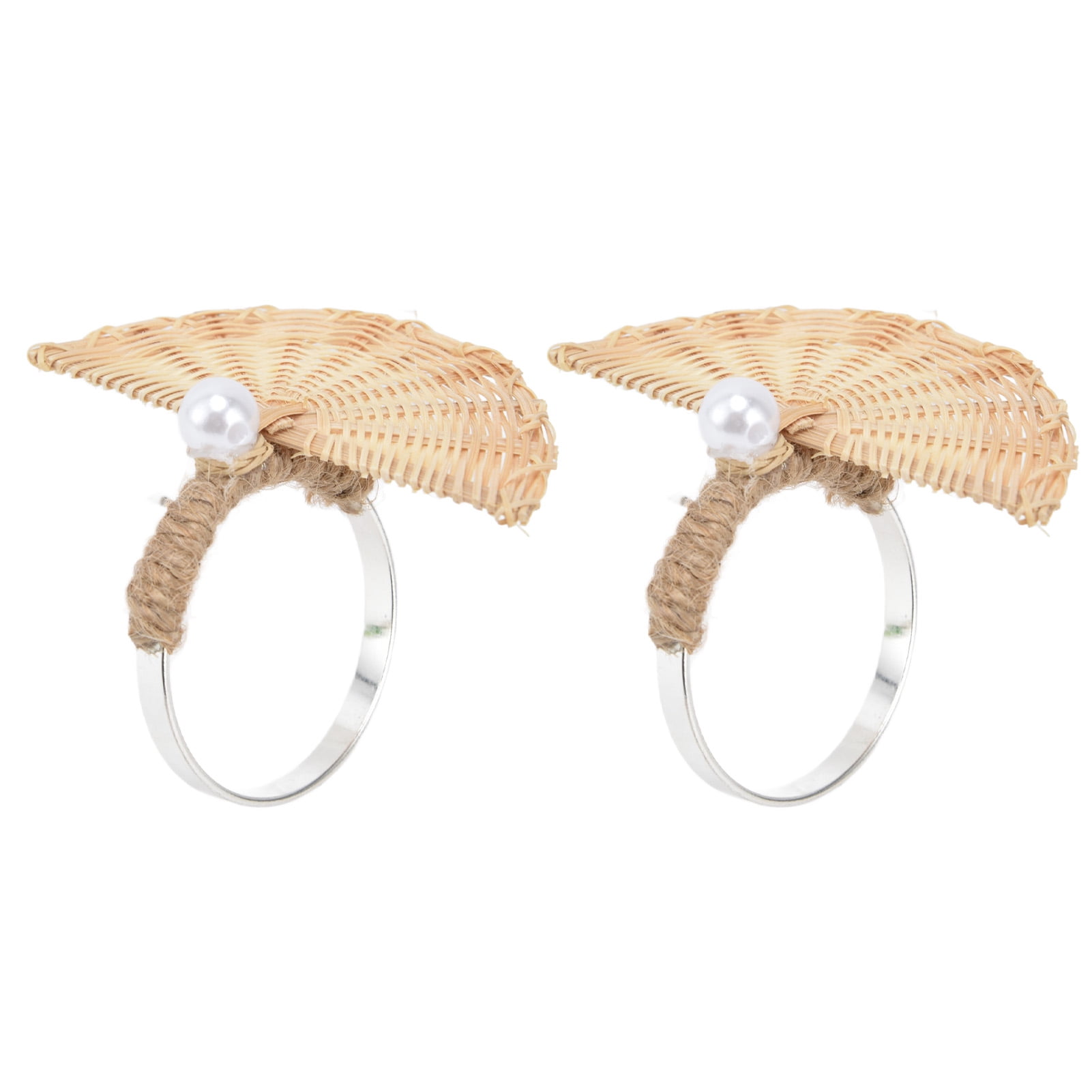 2Pcs Pearl Rattan Napkin Rings, Silver Metal Napkin Holder for