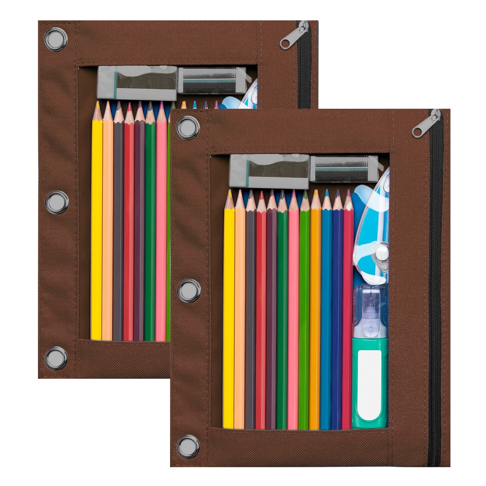 V-Opitos 3-Hole Pencil Pouch For Binders, 144 Pack Assorted Colors – Clear Window, Zipper, Durable Oxford