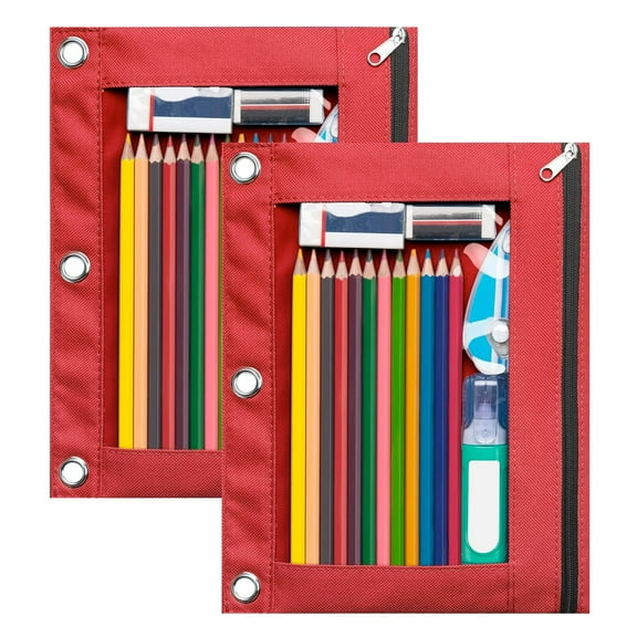 2Pcs Pencil Pouch for 3 Ring Binder, Binder Pencil Case with Smooth Zipper, Clear Window Pencil Case for Binder, Big Capacity 3 Ring Binder Pencil Bag with 3 Reinforced Grommets, 9.6x7.6Inch