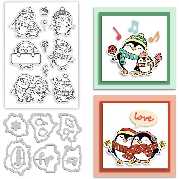 2Pcs Penguin Pattern PVC Plastic Stamps and Carbon Steel Cutting Stencils Winter Themed Stamp and Cutting Dies Set for DIY Scrapbooking Photo Album Decorative Cards Making DIY