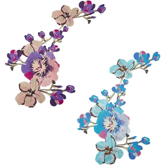 2Pcs Peony Flower Embroideried Fabric Patche Polyester Computerized Cloth Sticker Cloth Sew on Flower Motifs