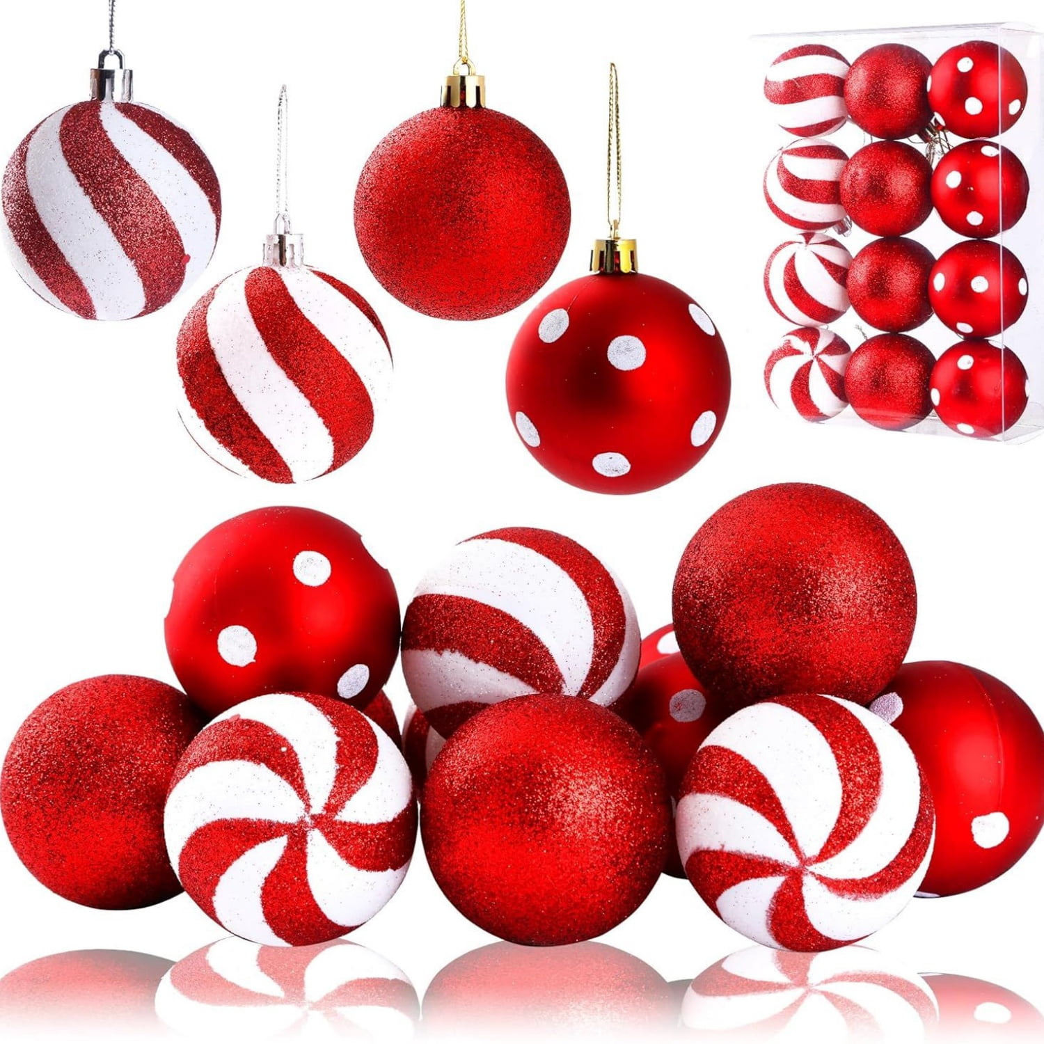 2Pcs Peppermint Candy Ornaments, Candy Cane Balls, Red & White Hanging Stripes - Christmas Tree Ornaments for Xmas Party & Indoor/Outdoor Holiday Home Decorations