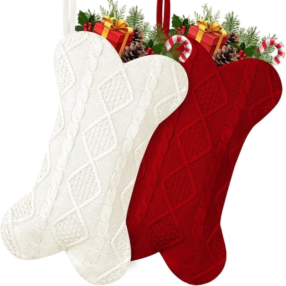 2Pcs Personalized Dog Christmas Stockings, Dog Christmas Stocking, 18 Inch Large Knitted Christmas Stocking for Dogs, Bone Shaped Hanging Dog Stockings for Dogs Pets (White & Red)