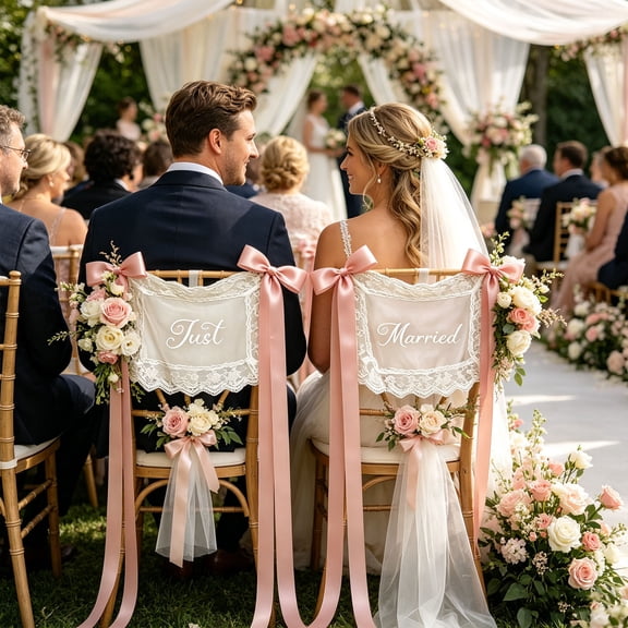 2Pcs Personalized Sheer Lace Wedding Chair Signs, Custom Just Married Lace Sweetheart Table Decor For Bride And Groom, Mr & Mrs Chair Cover For Wedding Ceremony Reception, Photo-Ready Decor Banner