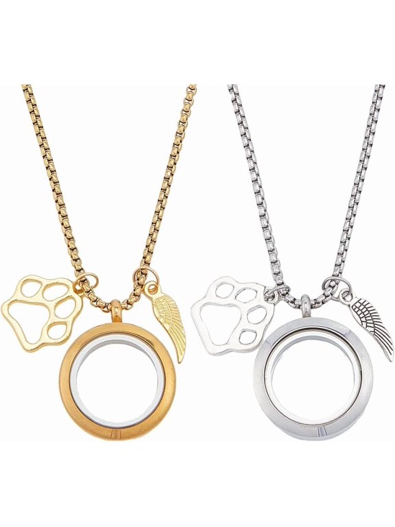 2Pcs Pet Hair Memorial Necklace Stainless Steel Fur Ashes Keepsake Necklace Clear Glass Locket Necklaces with Wing Paw Cat Dog Urn Picture Memorial Jewelry for Women Men Personalised Gift