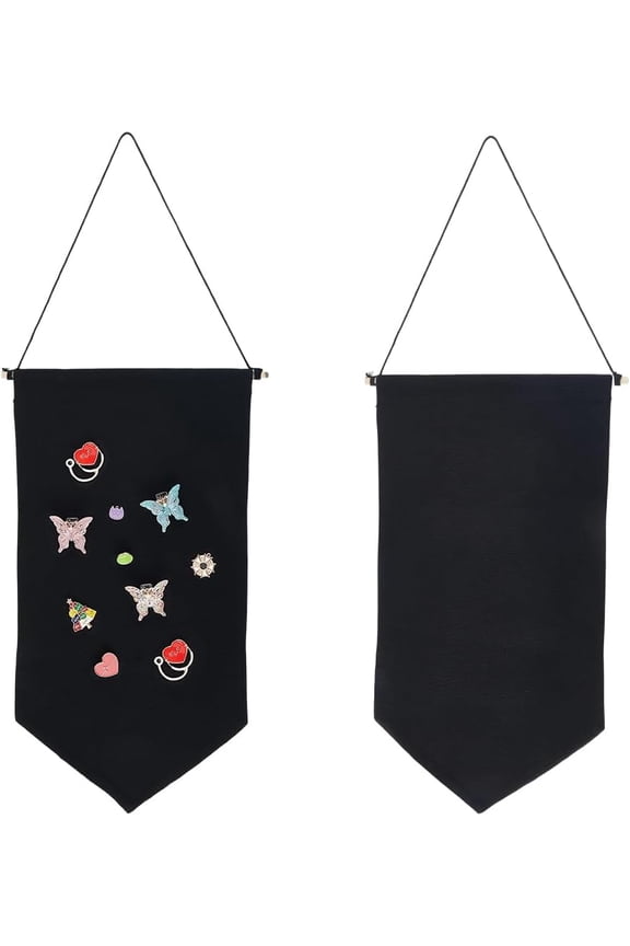 2Pcs Pin Wall Display Banner Canvas Hanging Brooch Jewelry Storage Case Black Organizer Board Blank Holder Stand with Rod for Enamel Pins Black