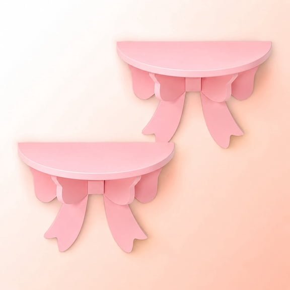 2Pcs Pink Bow Floating Shelves, Wooden Wall Mounted Display Shelves with Semi Circular Design, Decorative Storage Shelf for Collectibles, Figurines, Aromatherapy, Home Office Wall Decor