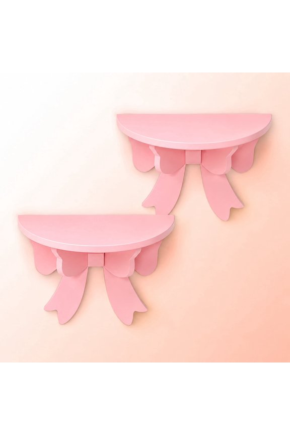 2Pcs Pink Bow Floating Shelves, Wooden Wall Mounted Display Shelves with Semi Circular Design, Decorative Storage Shelf for Collectibles, Figurines, Aromatherapy, Home Office Wall Decor