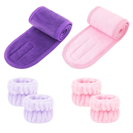 2Pcs Pink Spa Headbands for Washing Face 4Pcs Wrist Washbands, Adjustable Skincare Headbands Make Up Headbands, Towel Wristbands Face Wash Headbands