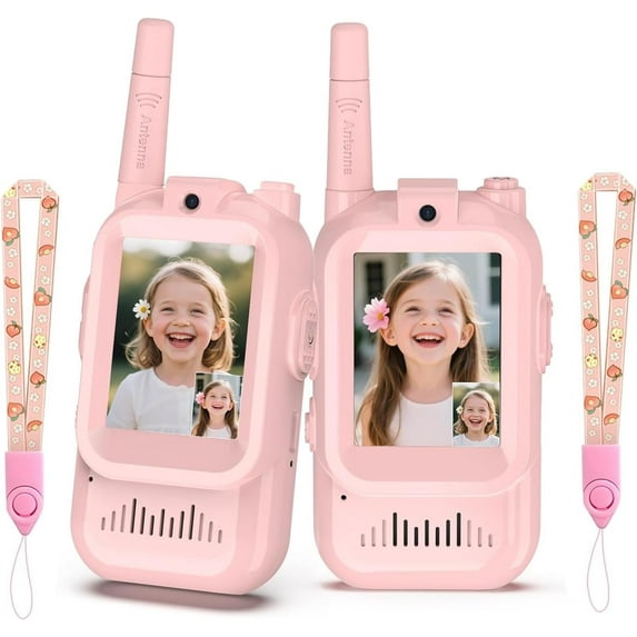 2Pcs PinkVideo Walkie Talkies for Kids, 2 Pack Video Walkie Talkie Toys, with Screen Display Voice Changer, Rechargeable Radios for Long Range