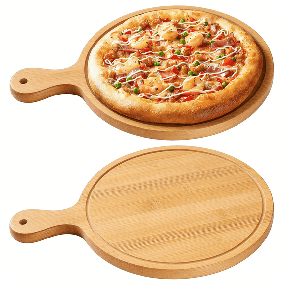 Bamboo Pizza Board and Serving Tray Set, 2 Pcs Round Charcuterie Board with Handle for Pizza, Cheese, Appetizers, Party Display, 11 inch