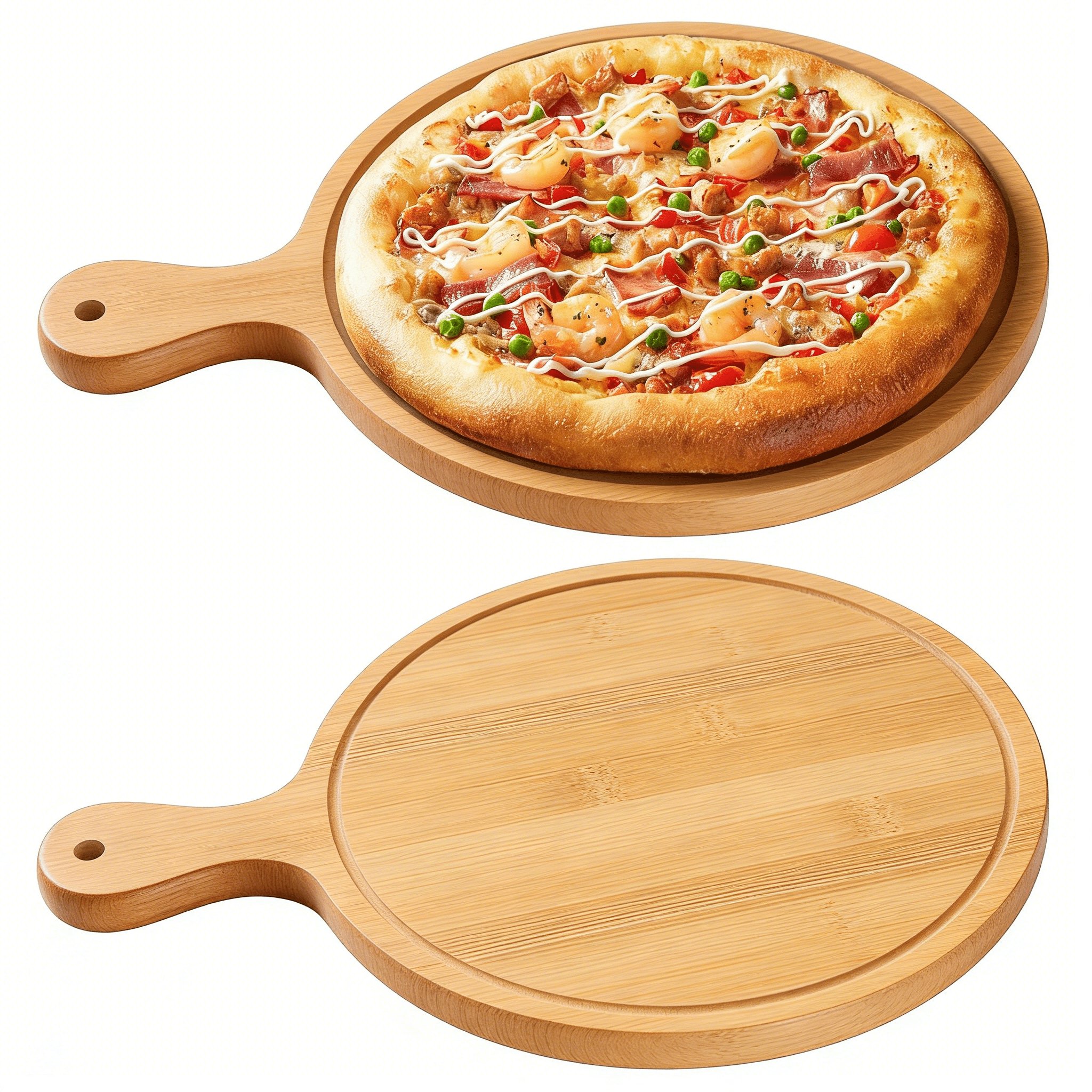 2Pcs Pizza Board with Handle Bamboo Round Cutting Board for Kitchen Pizza&nbsp;Cheese Baking Bread&nbsp;Steak Fruit Dinner Serving Tray for Daily Gathering Wedding Baby Shower