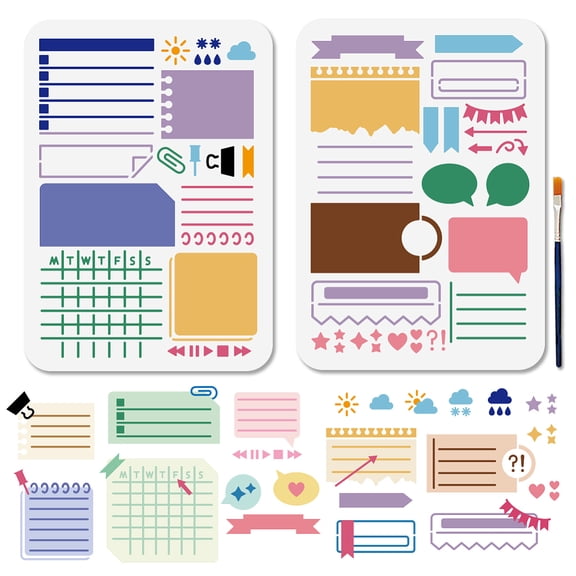 2Pcs Planner Stencils Handbook Notes Drawing Stencils 11.78.3inch with Paint Brush Reusable Program Form Templates for Diary Notebook Scrapbook DIY Craft