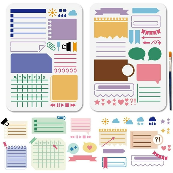 2Pcs Planner Stencils Handbook Notes Drawing Stencils 11.78.3inch with Paint Brush Reusable Program Form Templates