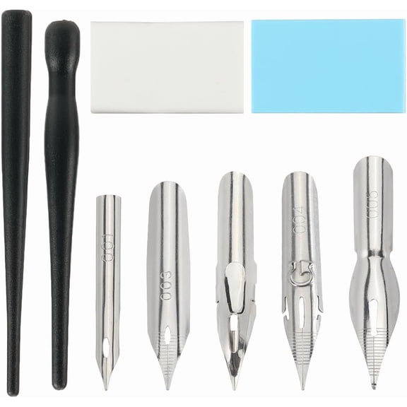 2Pcs Plastic Dip Pens Black Masking Fluid Drawing Ruling Straight Panel Line Calligraphy Dipping Oblique Pens Holder with 5Pcs Nibs 3Pcs Erasers Kit for Applying Art Painting Writing for DIY