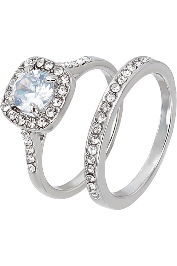 2Pcs Platinum Zinc Alloy Square Glass Finger Rings Sets Diamond Solitaire Rings Classic Square Cut Cubic Zirconia Solitaire Engagement Rings Plain Band Rings for Jewelry Gift Silver DIY