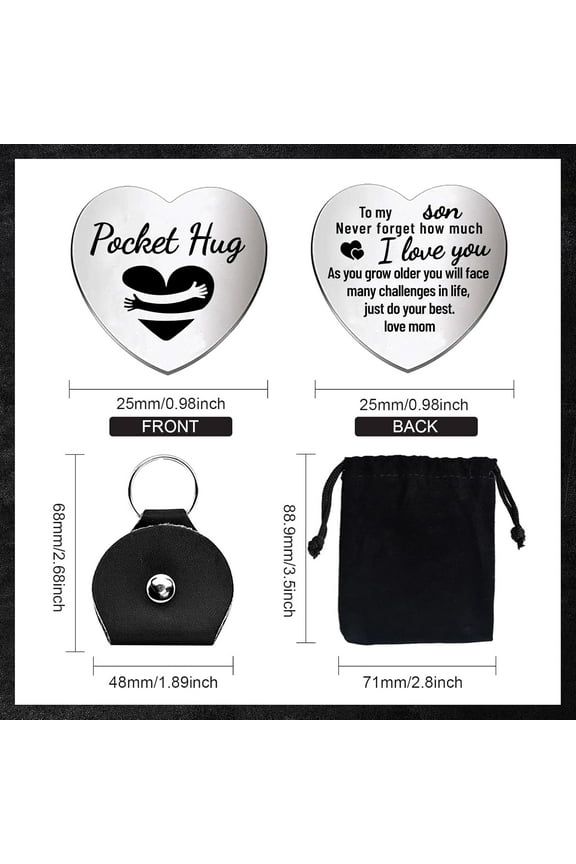 2Pcs Pocket Hug Token Inspirational Long Distance Relationship Keepsake Stainless Steel Double Sided Engraved Pocket Hug Gift Coins with Keychains Thinking of You Gifts for Son
