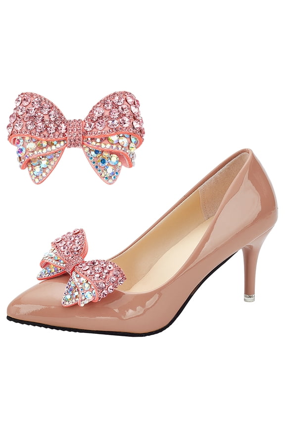 2Pcs Polyester Bowknot Shoe Decoration with Glass Rhinestone Light Rose 48x80x15mm