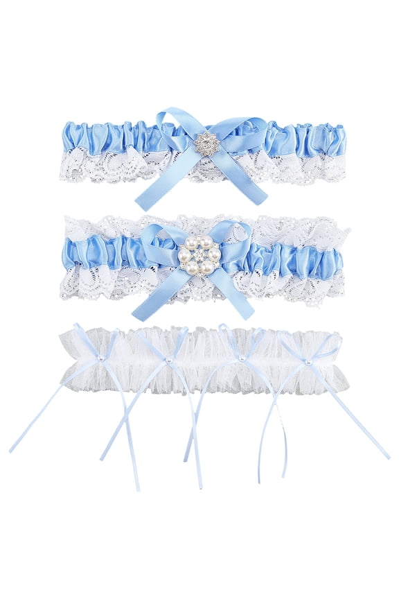 2Pcs Polyester Bride Bowknot Garter Leg Ring for Women with Rhinestone & Plastic Pearl with 1Pc Polyester Bowknot Garter Leg Ring Blue