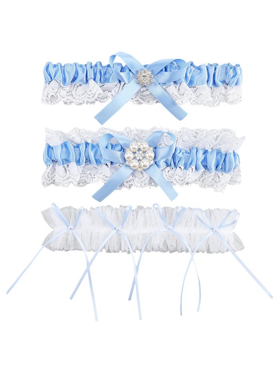 2Pcs Polyester Bride Bowknot Garter Leg Ring for Women with Rhinestone & Plastic Pearl with 1Pc Polyester Bowknot Garter Leg Ring Blue