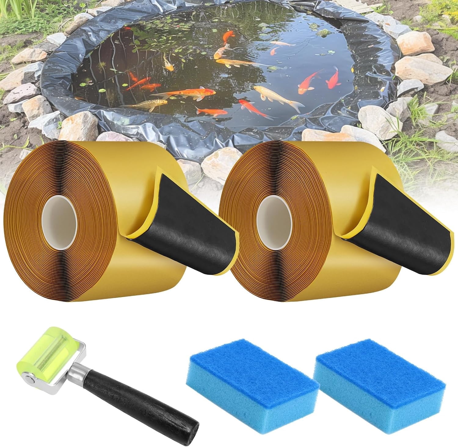 2Pcs Pond Liner Seam Tape, 3" x 30' Double Sided Butyl Rubber Tape Kit, Waterproof Seam Tape & 2 Pcs Sponge & Roller, Self Adhesive Patch Repair Tape for EPDM, HDPE Pond Liners Roof Deck RV