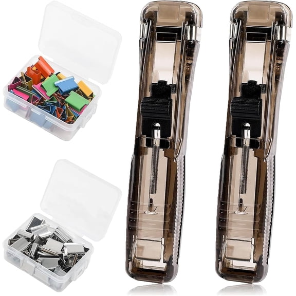 2Pcs Portable Binder Clip Stapler, Includes 100 Reusable Clips, Handheld Paper Clam Clip Dispenser Large Size, Mini Push Stapler Clamp Staplers for Desktop Document Home (Black)