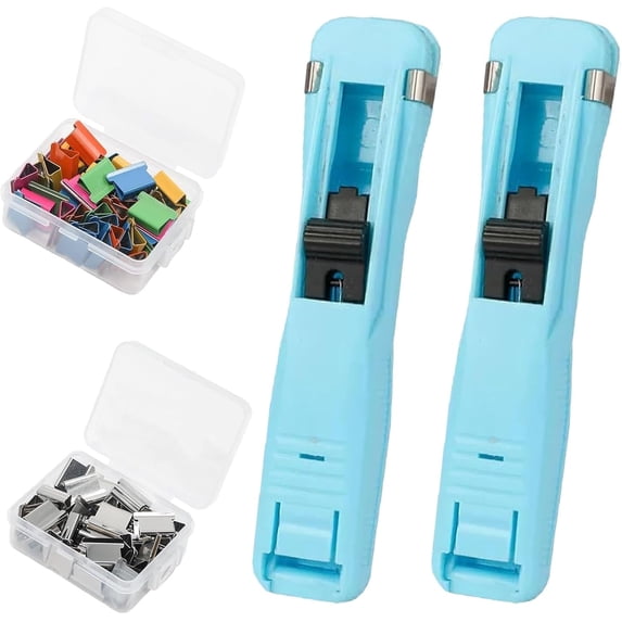 2Pcs Portable Binder Clip Stapler, Includes 100 Reusable Clips, Handheld Paper Clam Clip Dispenser Large Size, Mini Push Stapler Clamp Staplers for Desktop Document Home (Blue)