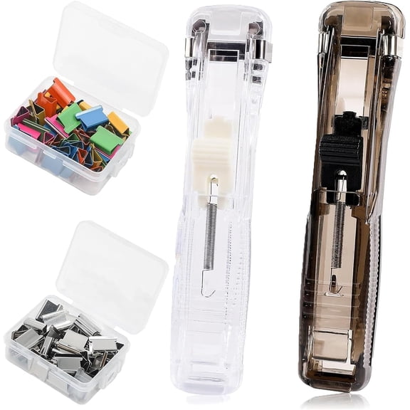 2Pcs Portable Binder Clip Stapler, Includes 100 Reusable Clips, Handheld Paper Clam Clip Dispenser Large Size, Mini Push Stapler Clamp Staplers for Desktop Document Home (White+Black)