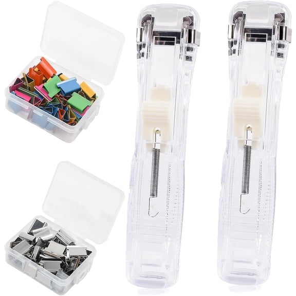 2Pcs Portable Binder Clip Stapler, Includes 100 Reusable Clips, Handheld Paper Clam Clip Dispenser Large Size, Mini Push Stapler Clamp Staplers for Desktop Document Home (White)