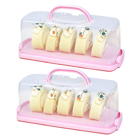 2Pcs Portable Bread Box with Handle Transparent Lid Loaf Cake Storage Carrier for Pastries, Donuts, Bread Rolls, Buns or Baguettes (Pink)