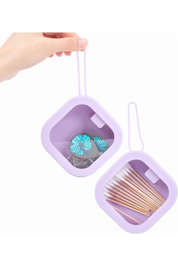 2Pcs Portable Hair Tie Holder Hair Clip Travel Organizer Square Lilac Pocket Push Plastic Clear Window Stackable Hanging Box Case Accessories for Storage Jewelry Bobby Pin Floss Small Item DIY