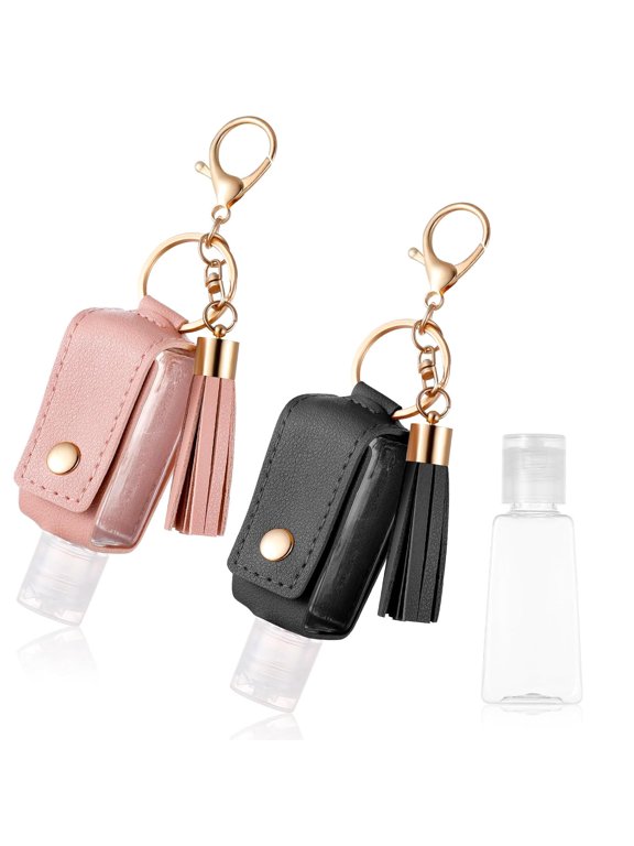 2Pcs Portable Leather Hand Sanitizer Holder, Travel Size Keychain Case Refillable Bottle for Toiletry Lotion Liquid Soap Shampoo (Black, Pink)