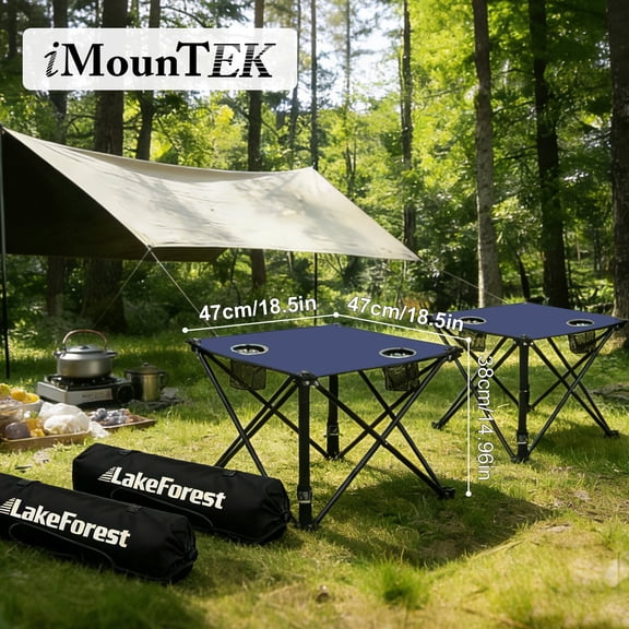 2Pcs Portable Mini Picnic Table, Imountek Outdoor Folding Camping Table with 2 Cup Holders Carrying Bag for Picnic Travel Fishing, Navy Blue