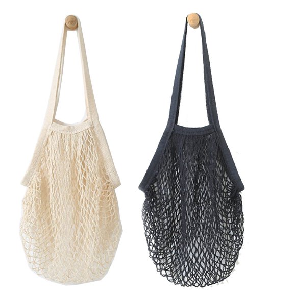 2Pcs Portable Reusable Mesh Cotton Net String Bag Organizer Shopping Tote Handbag Fruit Storage Shopper NEW (Black,Beige)