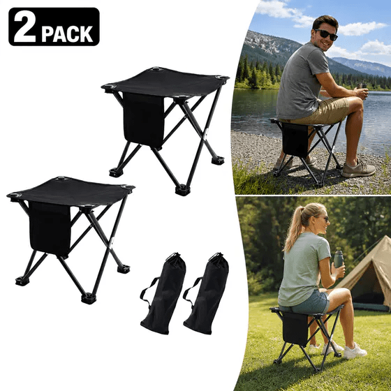2Pcs Portable Stools for Adults, Collapsible Chair Camp Stool with Side Pocket, Lightweight Folding Stools for Adults Portable, Pocket Chair Portable Seat for Camping Fishing Hiking Gardening Beach