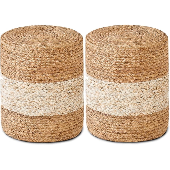2Pcs Pouf Ottomans, Natural Seagrass Foot Stool, Hand Weaving Round Ottoman, Boho Decorative Seat, Jute Braided Pouffe Poof Accent Sitting Footrest for Living Room (White)