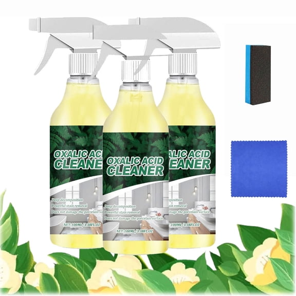 2Pcs Powerful 100ml Oxalic Cleaner Spray, Stain Remover and Bathroom Cleaner, Removes Rust Hard Water Stains No Scrubbing, for Toilet Tiles Concrete Wood Brick, with Sponge Cloth