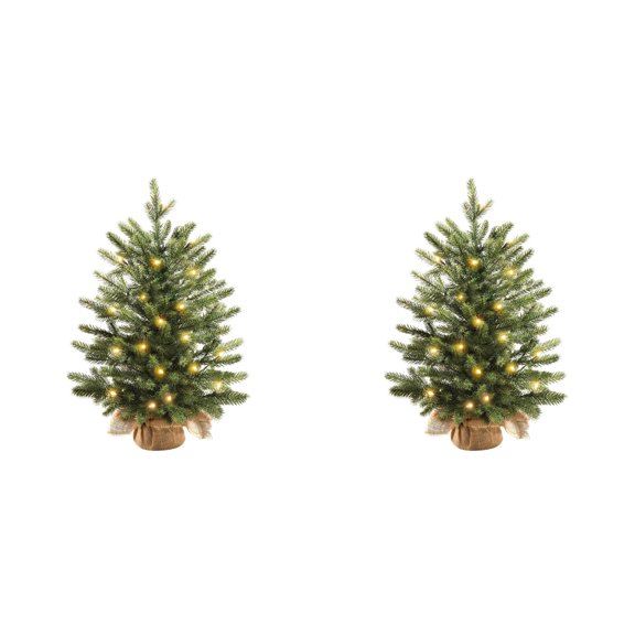 2Pcs Pre-Lit Nordic Spruce Mini Artificial Christmas Tree with Burlap Base - Battery Operated LED Fir Tabletop Decor for Desk, Shelf, and Holiday Display