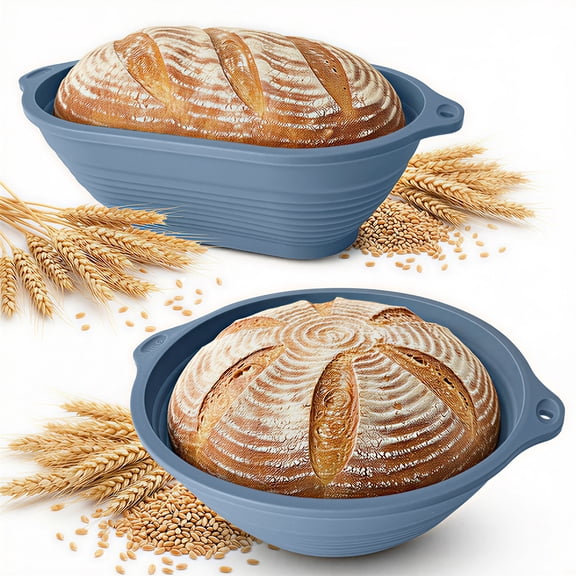 2Pcs Premium Foldable Silicone Sourdough Banneton Basket with stainless circle support，9" Round & 10" Oval Bowls Non-Stick Dough Proofing Containers，Oven & Dishwasher Safe, Gifts for Bakers,BPA