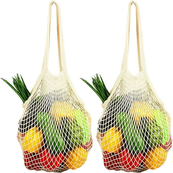 2Pcs Premium Mesh Grocery Bags, Reusable Produce Bags, Long Handle Net Tote Bags, 100% Cotton String Bags, Fruit and Vegetable Bags, Beige (Portable/Washable/Durable)