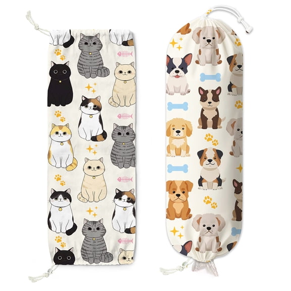 2Pcs Printed Canvas Cloth Drawstring Bags Reusable Polycotton Canvas Pouches Cat Shape 68x55cm