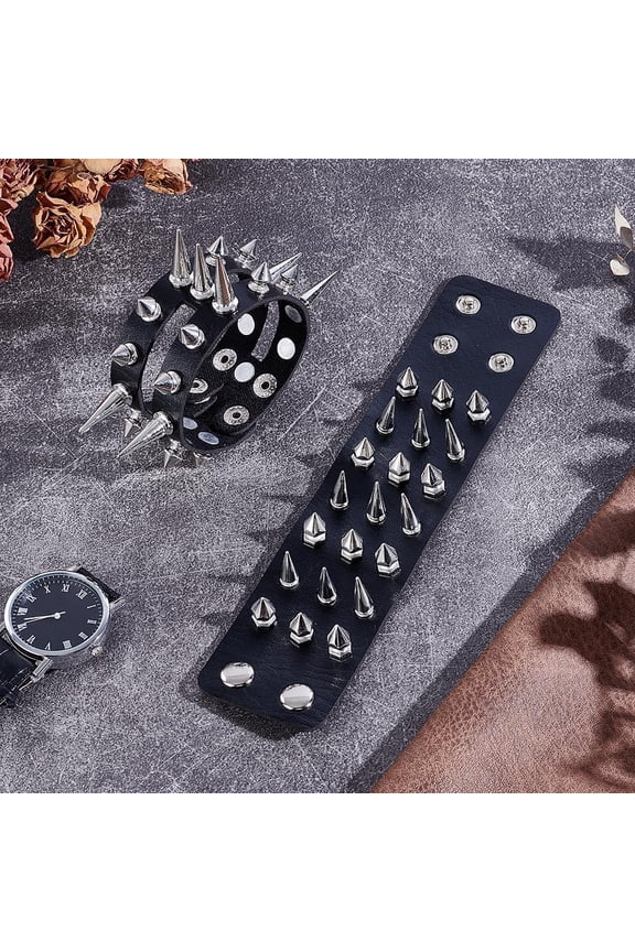 2Pcs Pu Leather Braclet 2 Styles Black Punk Rock Bracelet Leather Cuff Punk Rock Studded Bracelets Adjustable Wide Strap Wristband 80S Gothic Cuff Bracelets for Rocker Outfits