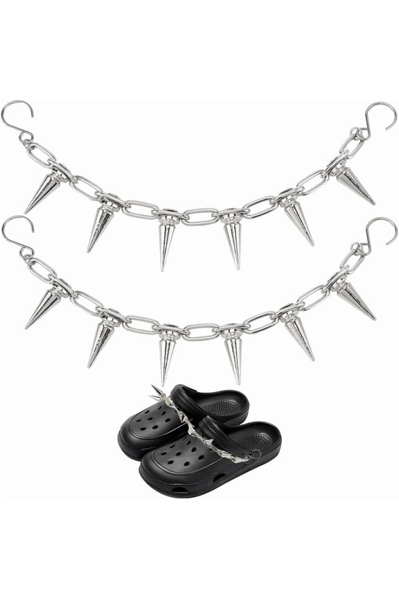 2Pcs Punk Shoe Chains Shoelace Charms Chain Detachable Silver Brass Cone Rivets Shoe Decoration with Stainless Steel S-Hook Clasps for Boots Casual Shoes Bags Footwear Jewelry Accessories Silver