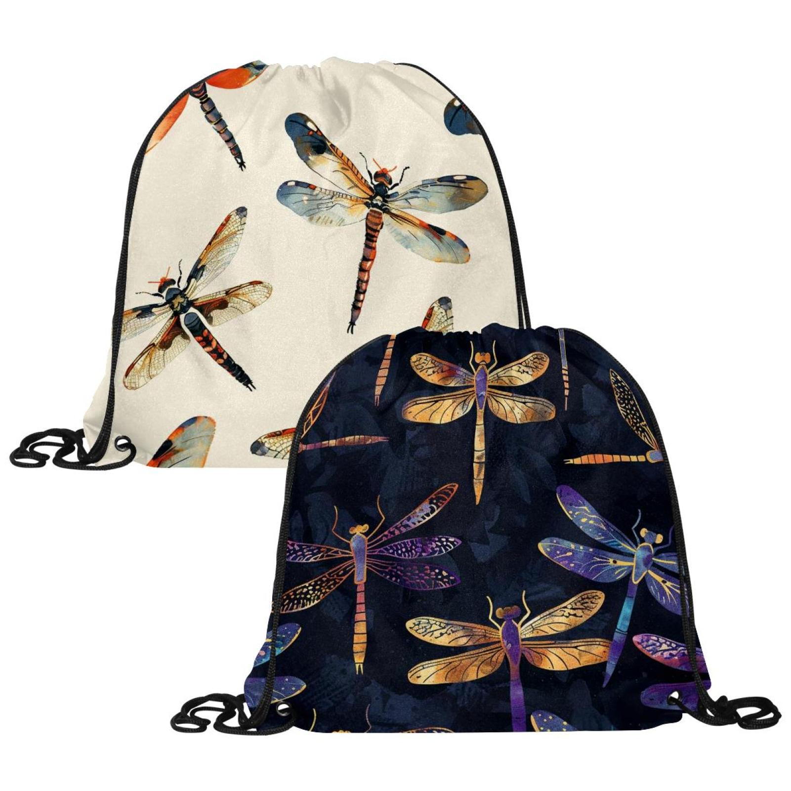 2Pcs Purple Dragonfly Pattern Drawstring Bag,Water Resistant Gym Bag