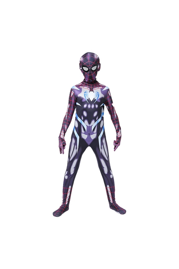 2Pcs Purple Spider Superhero Bodysuit, Superhero Stretch Cosplay Suit, Spider Superherooutfit, Halloween Superhero Character Set, Purple Glow Web Full Body Hero Jumpsuit With Mask, 160