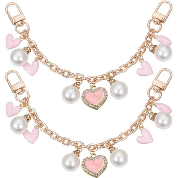 2Pcs Purse Chain Strap Extender 8.3" Short Gold Purse Strap Replacement Decorative Enamel Heart Resin Pearl Charm Bag Handle Chain with Buckle for Handbag Clutch Shoulder Tote Bags Wallet Pink 2pcs