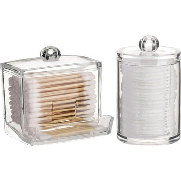 2Pcs Q-tips Holder Bathroom Container with Bamboo Lids, 10/7 oz Cotton Ball/Swabs Dispenser, Clear Apothecary Organizer Jar for Storage