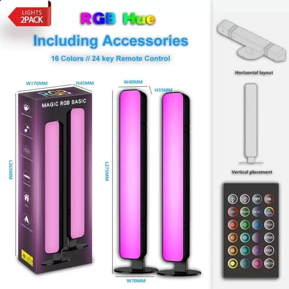 2Pcs RGB Light Bar,Smart LED Light Bar for Room,16 Million Colors,Three Control Modes,Dynamic Music Sync Mode,213 Preset Modes,USB Interface