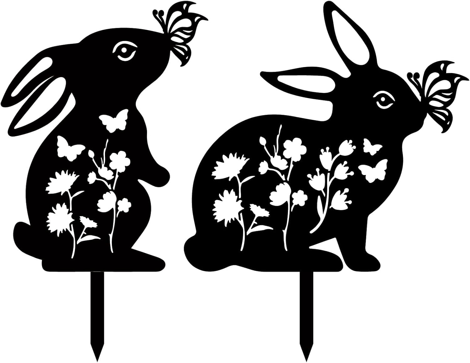 2Pcs Rabbit Metal Decor for Outside Black Rabbit Stake Rabbit Garden Decor Art Bunny Silhouette Statues Garden Decorative Ground Insert Lawn Ornaments for Outside Outdoor 9/12.4x11.8Inch